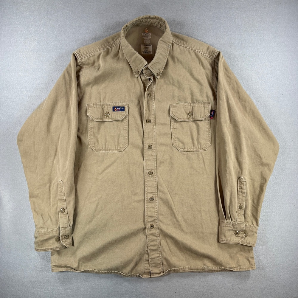 LAPCO FR Work Shirt Men Large Regular Tan Flame Resistant Button Down CAT2 2112